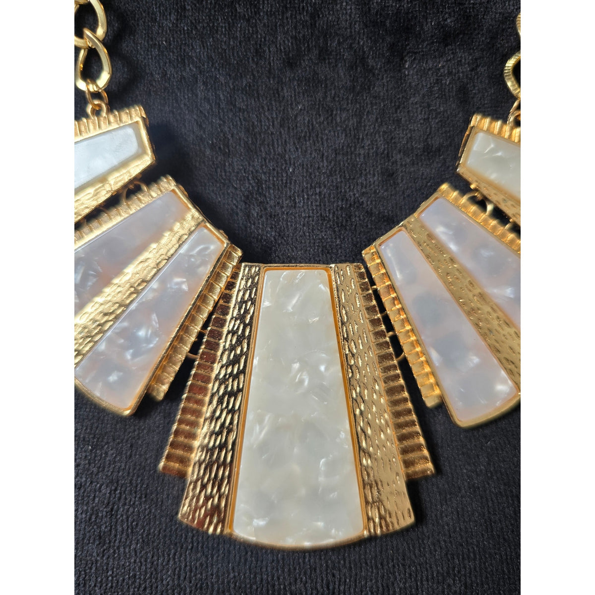 Gold Tone Cream White Enamel Geometric Fan Art Deco Collar Necklace