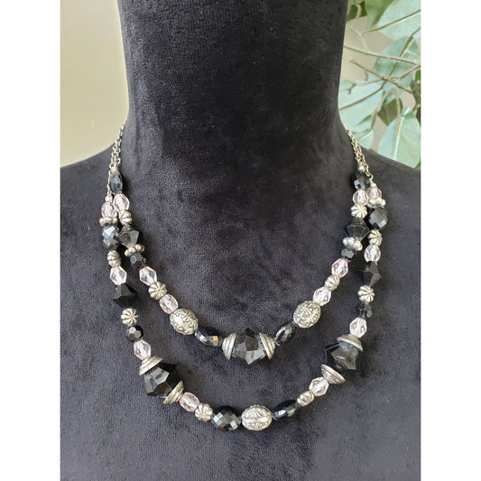 Womens Double Row Faceted Black, Clear, Metallic Silver Crystal Beaded Necklace