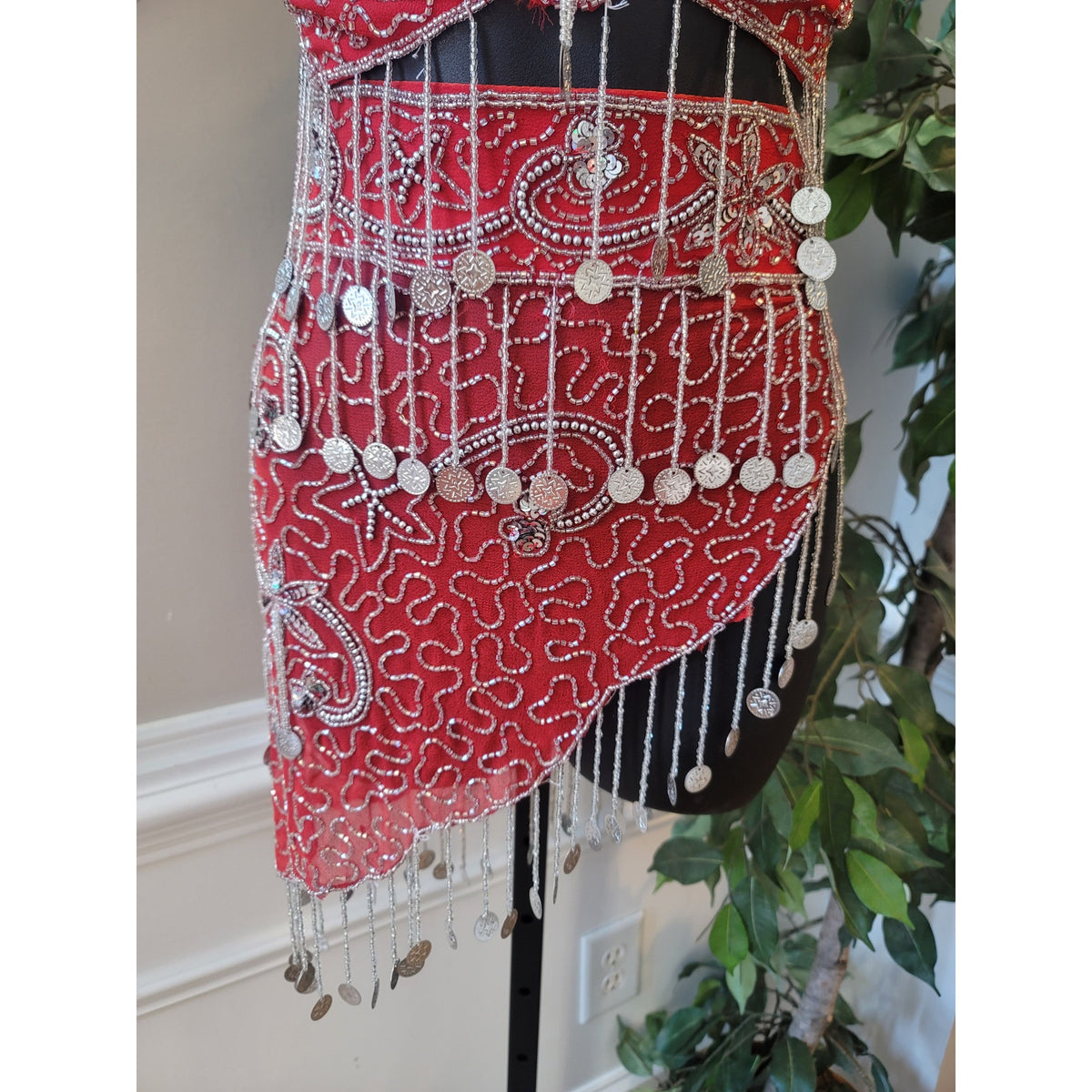 Custom Belly Dance Costume Large Red Halter Top Open Back Coin Skirt Padded Bra