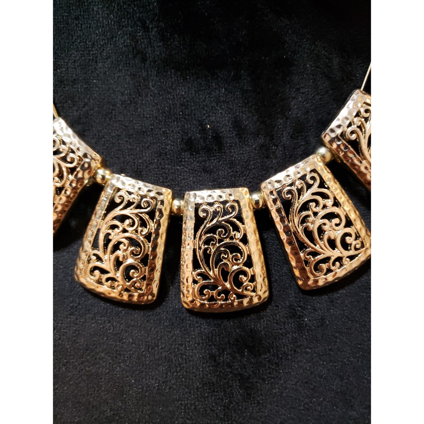 Womens Gold Tone Triple String Chains Filigree Cannetille Statement Necklace