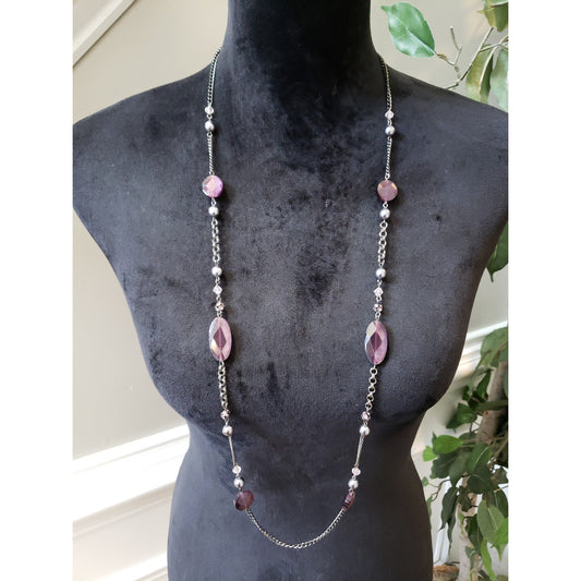 Women's Long Purple Faceted Bead Necklace Lobster Clasp Silver Chain Elegant