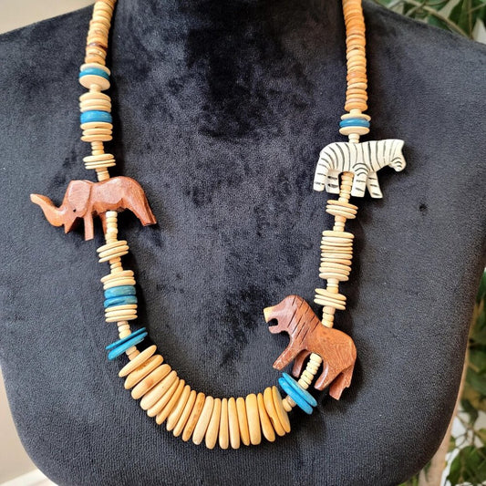 Womens Multicolor Wood African Safari Animal Necklace Jewelry with Barrel Clasp