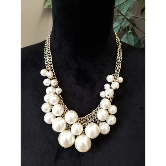 Womens Ivory Faux Pearls Cluster with Double Curb Chains Bib Statement Necklace