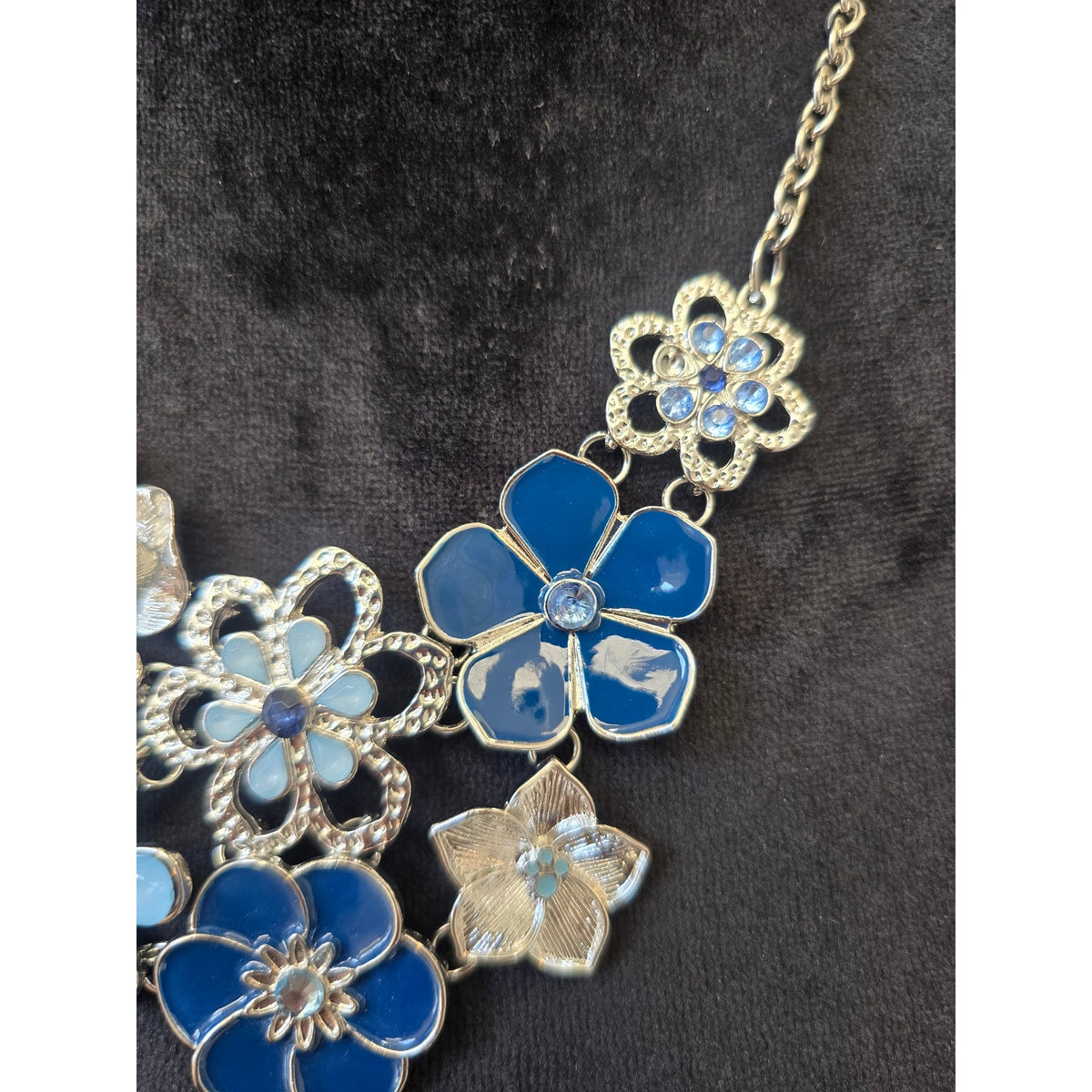 Blue Turquoise Enamel Floral Flower Cluster Silver Tone Bib Necklace