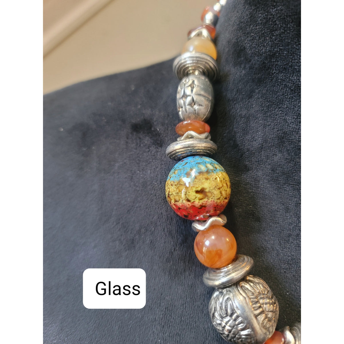 Southwestern Artisan Silver Tone Statement Necklace Multicolor Ceramic Beads