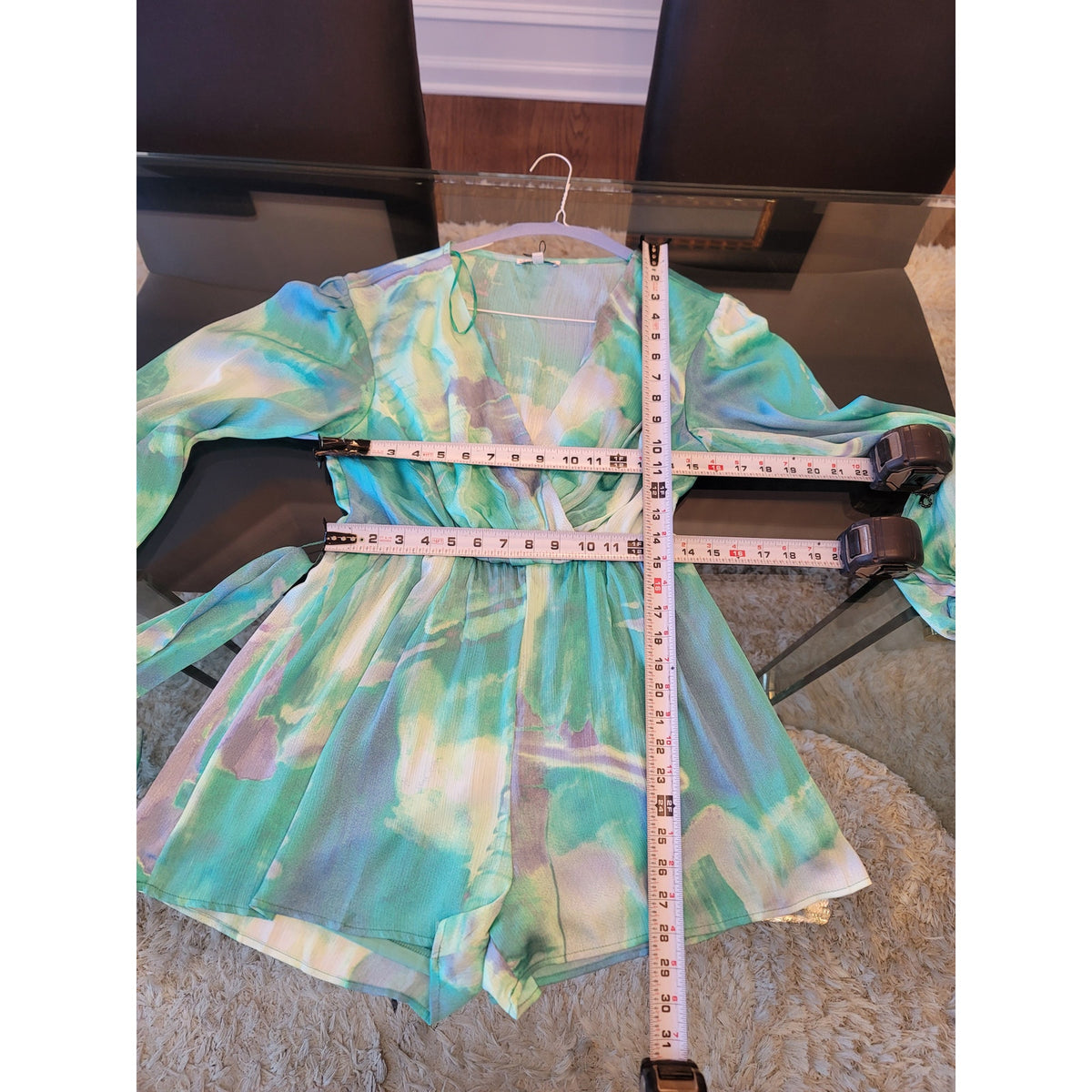 Fashion Nova Jumpsuit Romper Women's M Green Watercolor 100% Polyester Tie Waist
