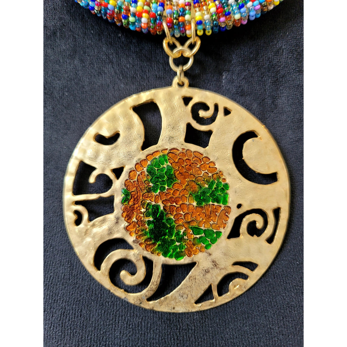 Multicolor Beaded Gold Tone Medallion Pendant Statement Necklace Boho