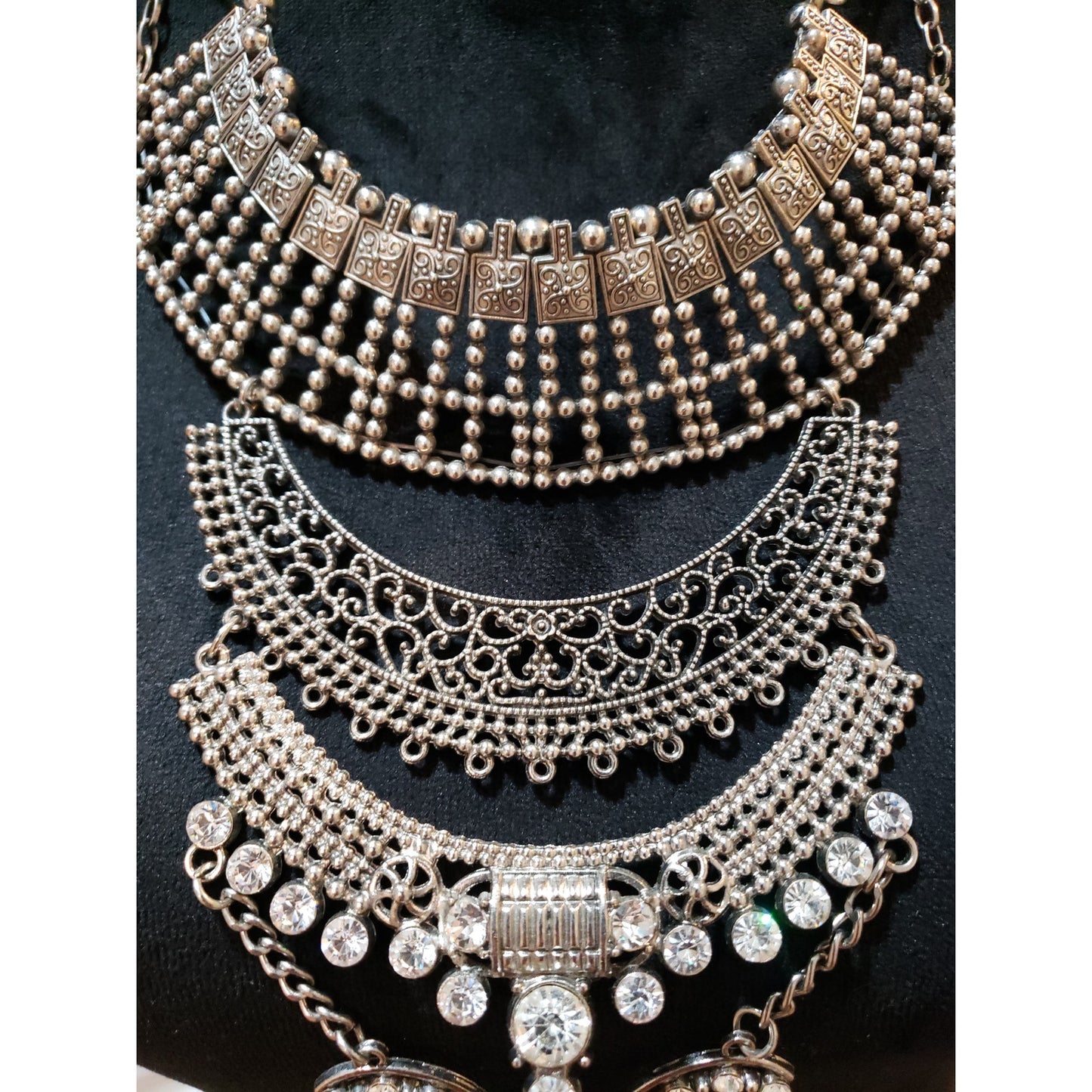 Women Fashion 4 Strand Crystals Metal Beaded Filigree Statement Necklace Jewelry