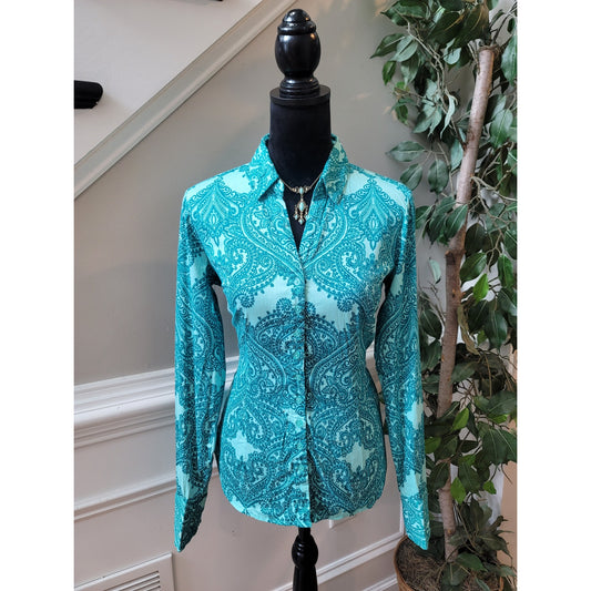 NY & CO  Button Front Shirt Size Medium Turquoise Blue Paisley Long Sleeves