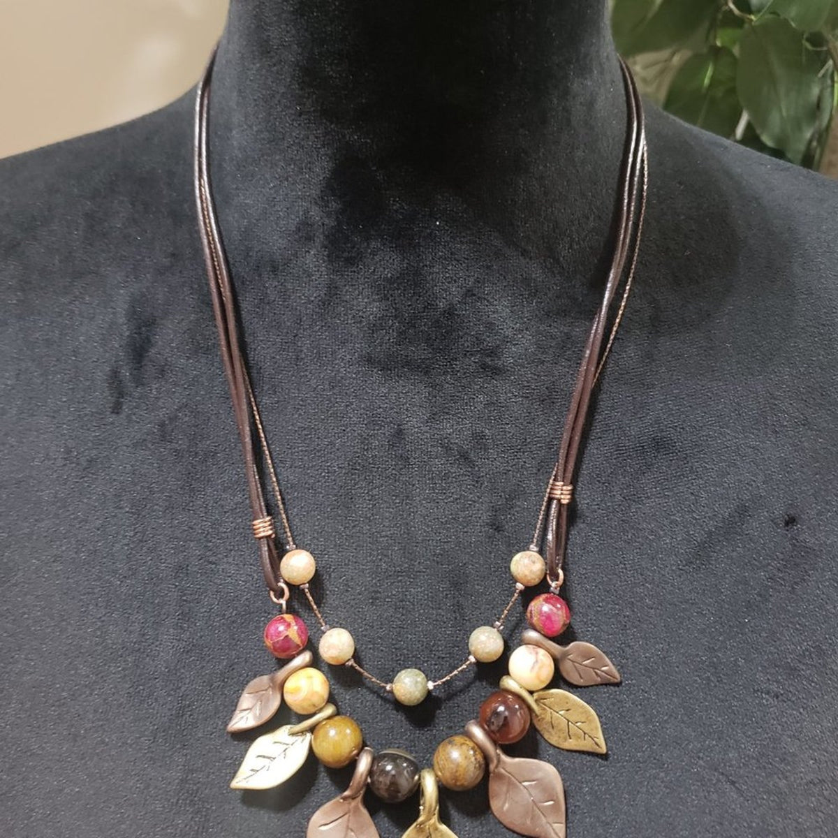 Christopher & Banks Vintage Metal Leaves and Marbled Beads Statement Necklace