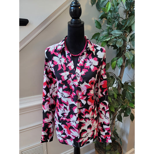 Rafaella Blouse XL Multi Floral Split Collar Curved Hem Drop Shoulder Casual