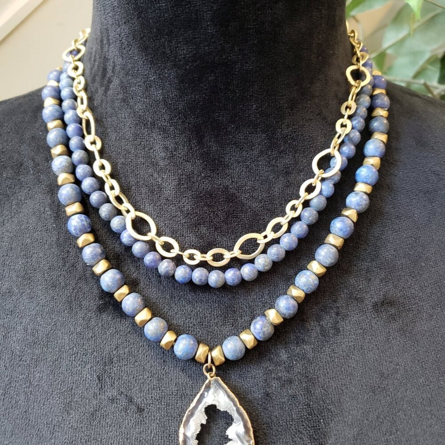 Womens Fashion Blue & Gold Tone Beaded Pendant Necklace with Lobster Clasp