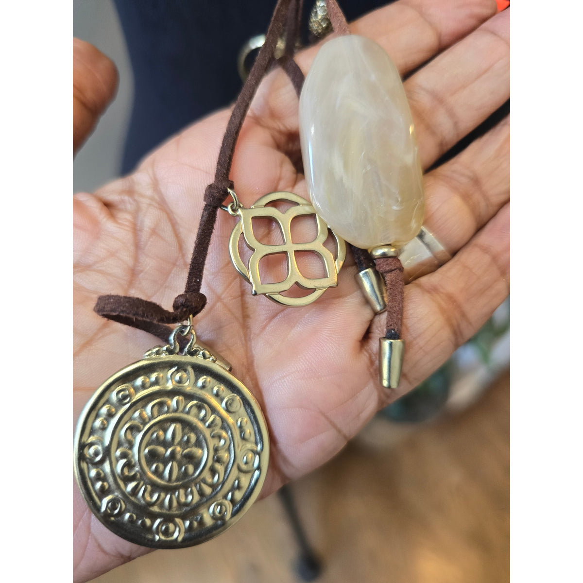 Chico's Women Boho Charm Pendant Necklace Long Leather Cord Statement Jewelry