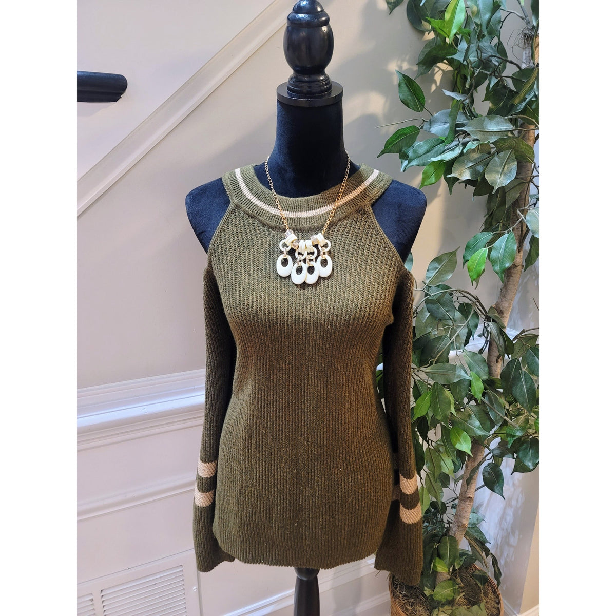 International Concepts Pullover Sweater Women's SZ XL Green Ribbed Cold Shoulder
