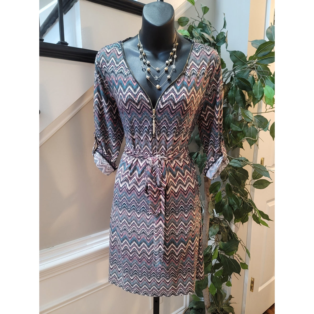 Tacera Dress Womens Small Multicolor Chevron Print V Neck Belted Long Sleeves