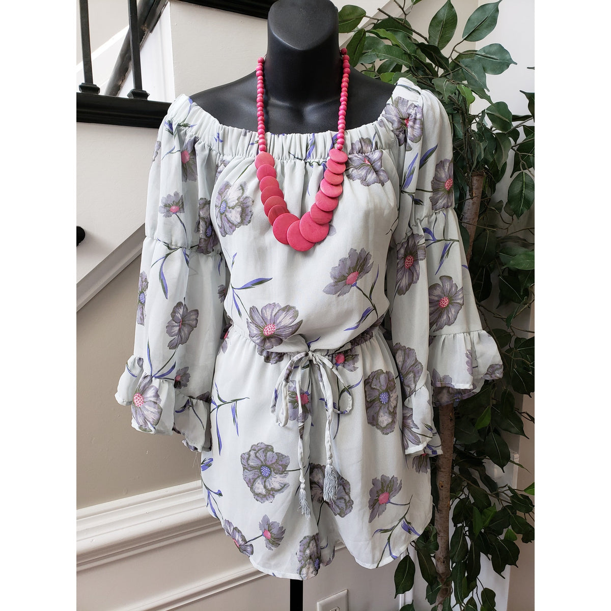 Blush Romper Women Large Gray Floral Print Off Shoulder Cinch Waist Flare Sleeve