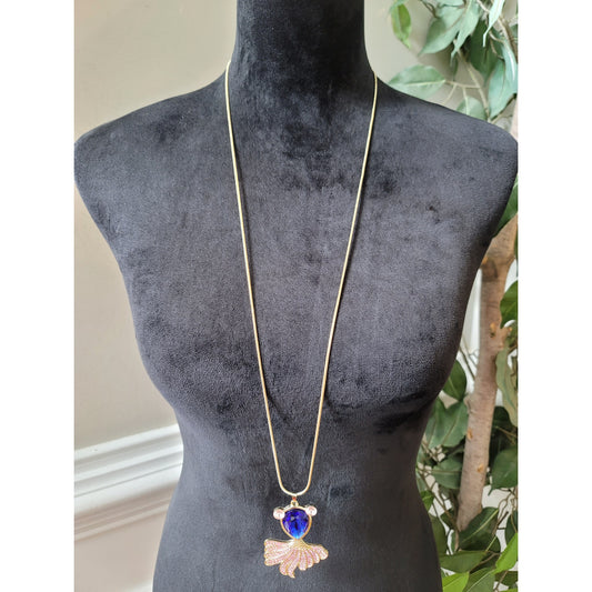 Women's Gold Chain Necklace with Blue and Pink Gemstone Fish Pendant