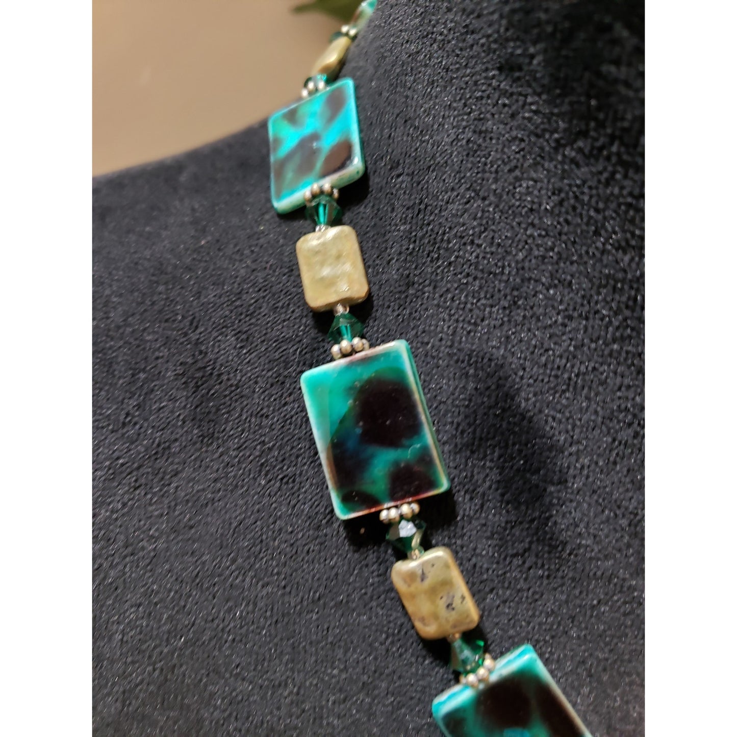 Womens Sea Blue Square Turquoise White Murano Link Stone Necklace with Lobster
