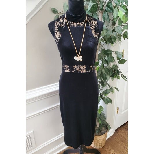 Women's Black Floral Polyester Mock Neck Sleeveless Casual Knee Length Dress S
