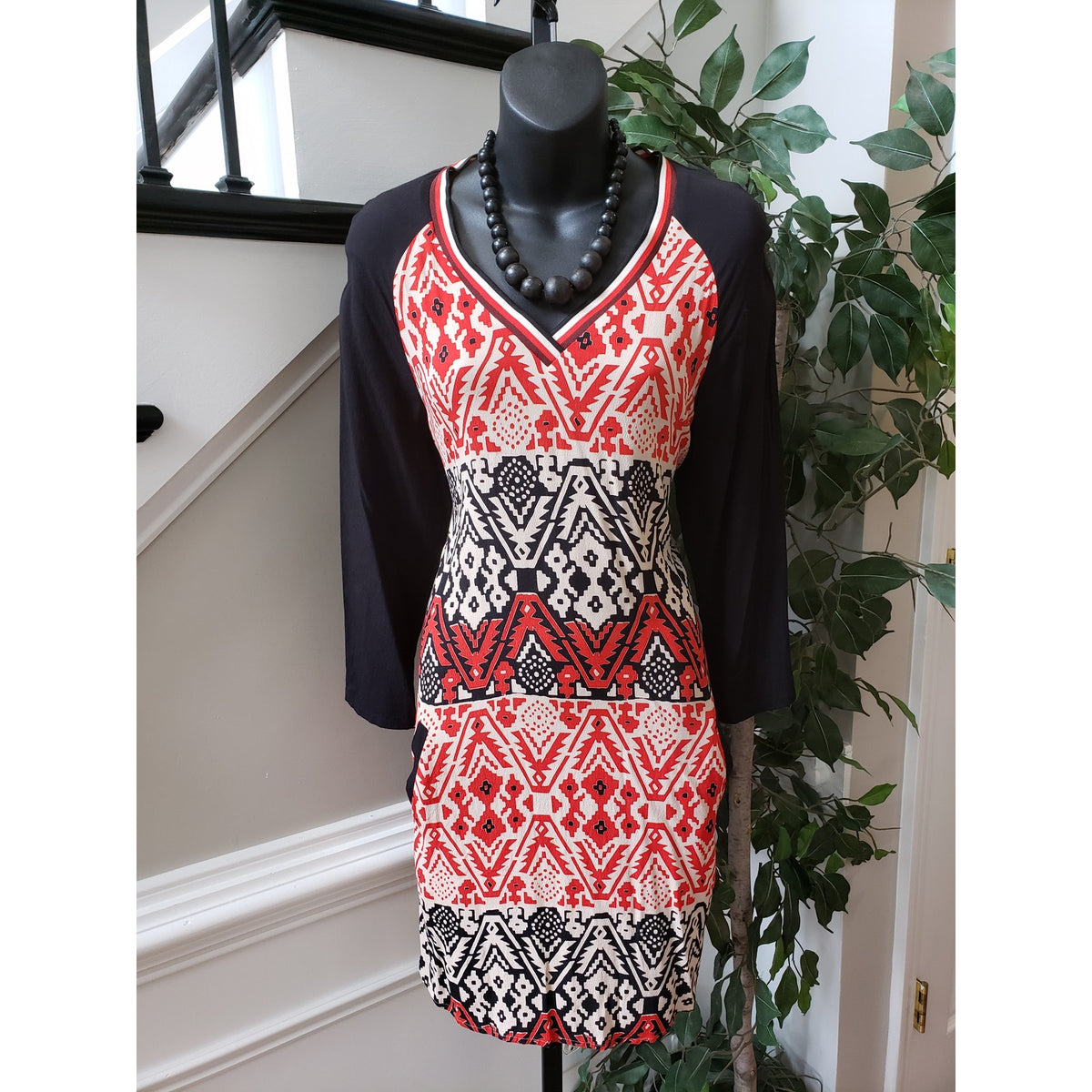 Scotch and Soda Knee Length Dress Womens Multi Geo Print Viscose Split V Neck