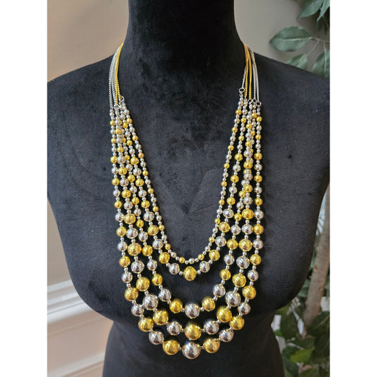 Women's Layered Gold and Silver Beaded Necklace Set with Stud Earrings