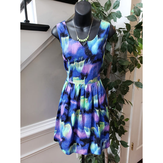 Modcloth Fervour Fit & Flare Dress Size Large Blue 100% Cotton V-Neck Sleeveless