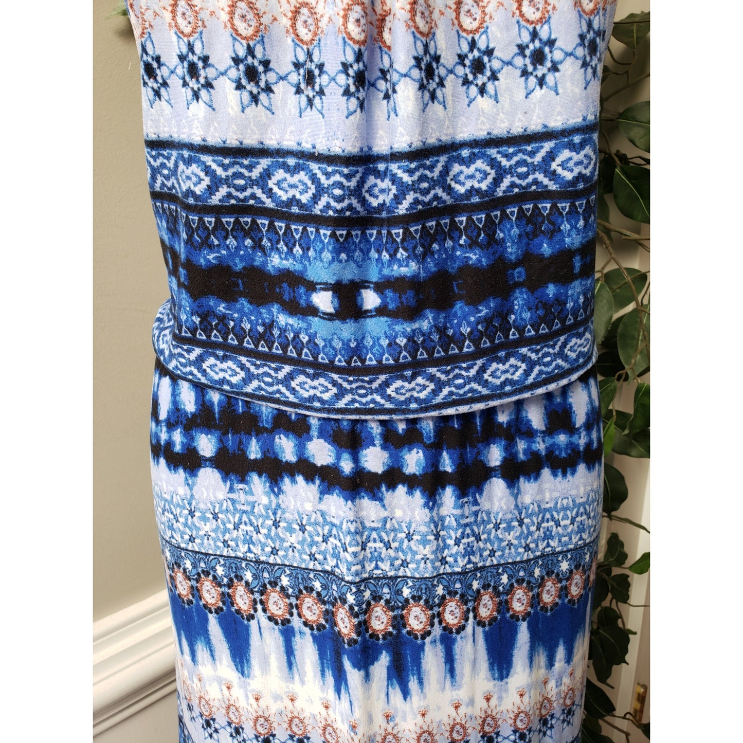 Rouge Long Maxi Dress Women's Size 2X Blue & White Strap Scoop Neck Sleeveless