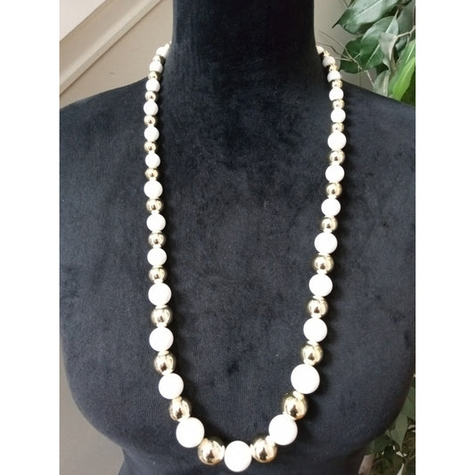 White & Gold Tone Beaded Statement Necklace Chunky Graduated Bib Necklace