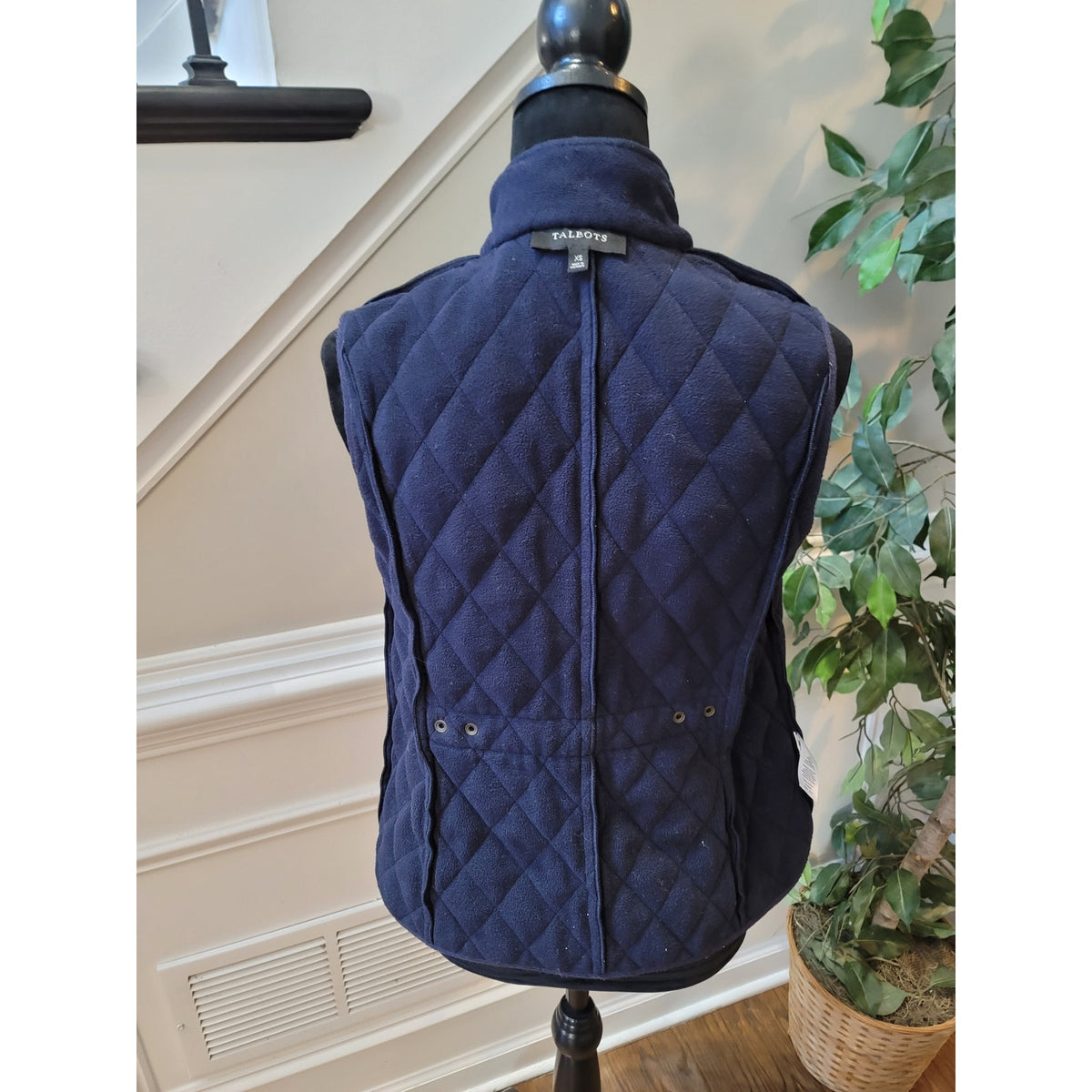Talbots Gilet Vest Women's SZ XS Navy Blue Quilted Fleece Lined Utility Pockets