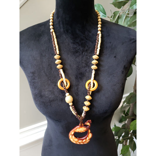 Women's Vintage Wood Bead Necklace Hand Carved Bird Pendant Tribal Boho
