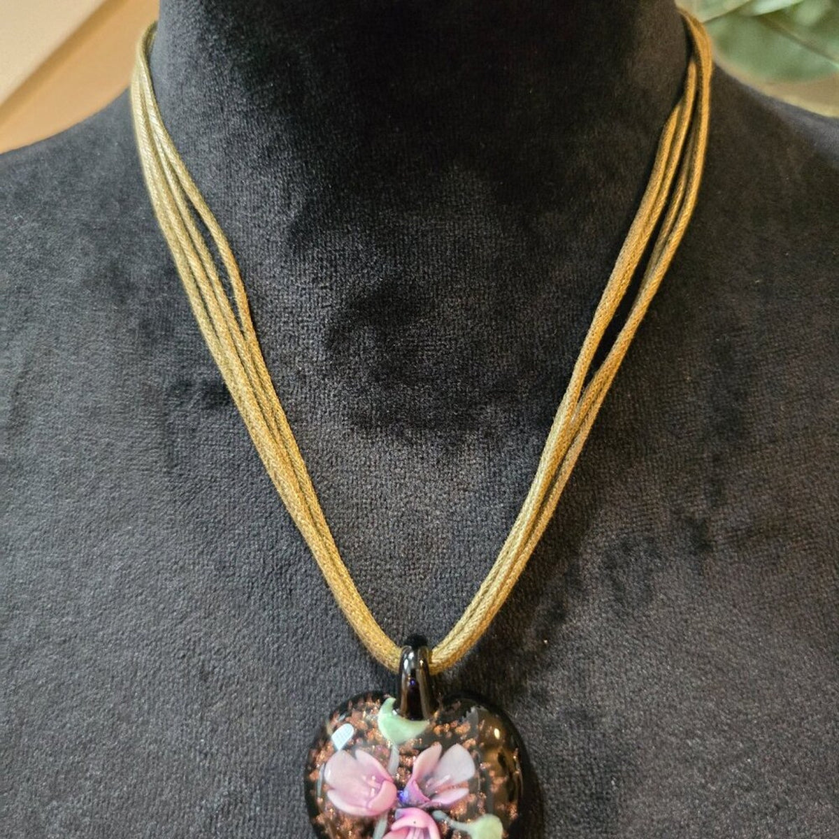 Womens Beach Fashion Purple Island Flower Heart Glass Tan Cord Pendant Necklace