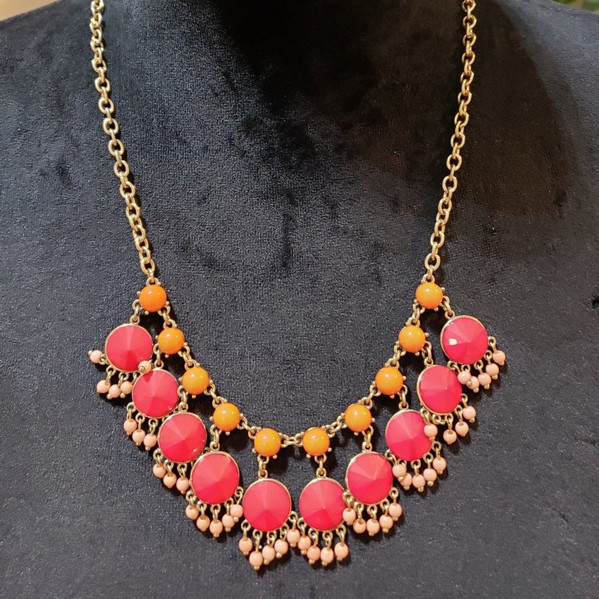 Womens Fashion Orange Red Round Beads Statement Collar Necklace w/ Lobster Clasp