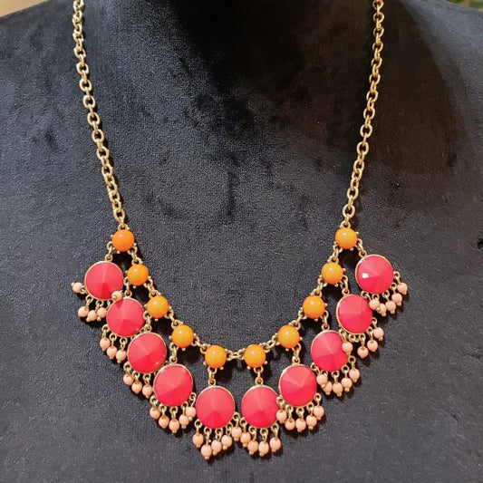 Womens Fashion Orange Red Round Beads Statement Collar Necklace w/ Lobster Clasp