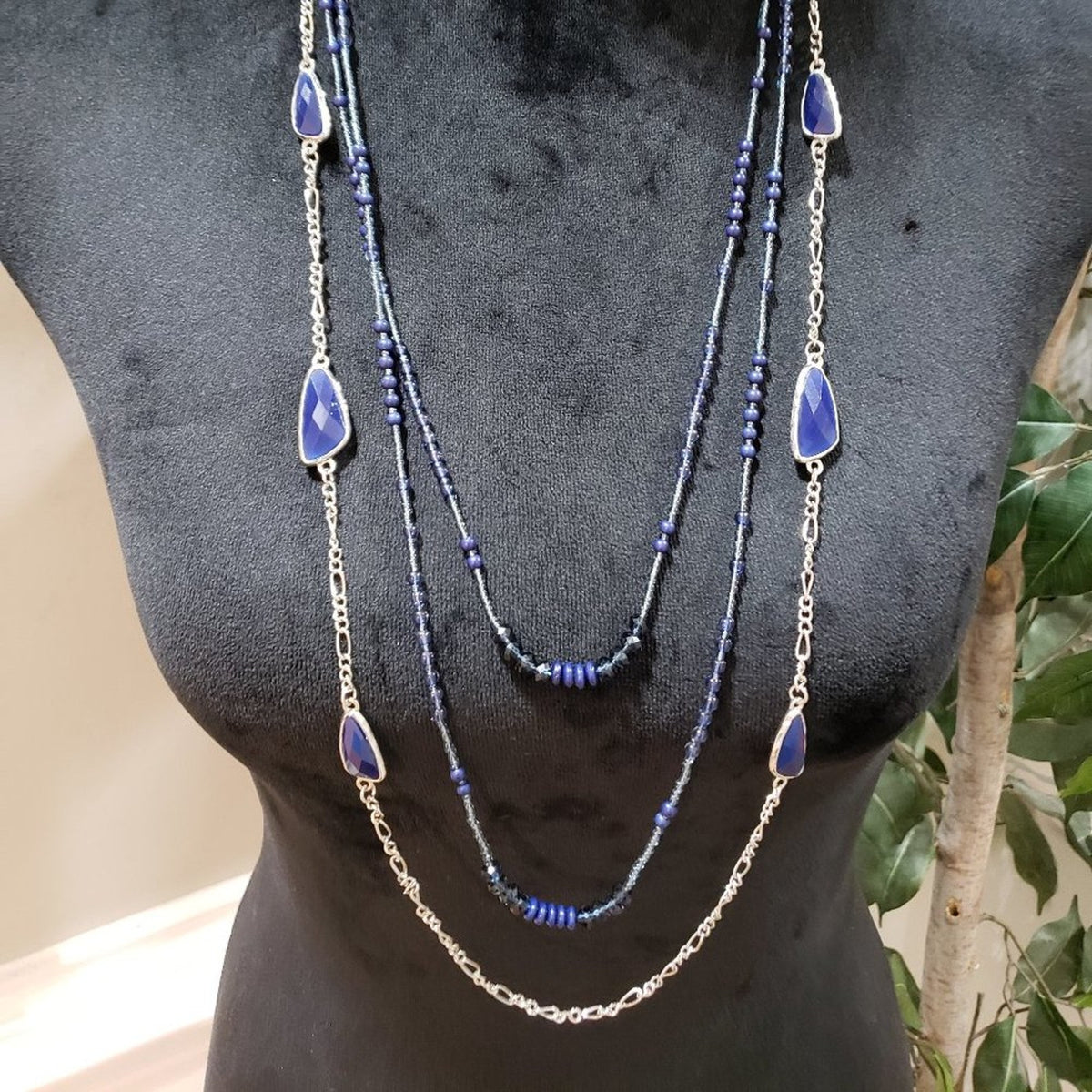 Womens Fashion Black Blue Rhinestones Long Collar Necklace with Lobster Clasp