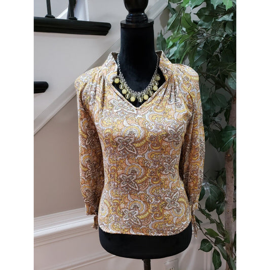 Christian Siriano Women's Multi Paisley Pleated V Neck Long Sleeve Top Blouse M