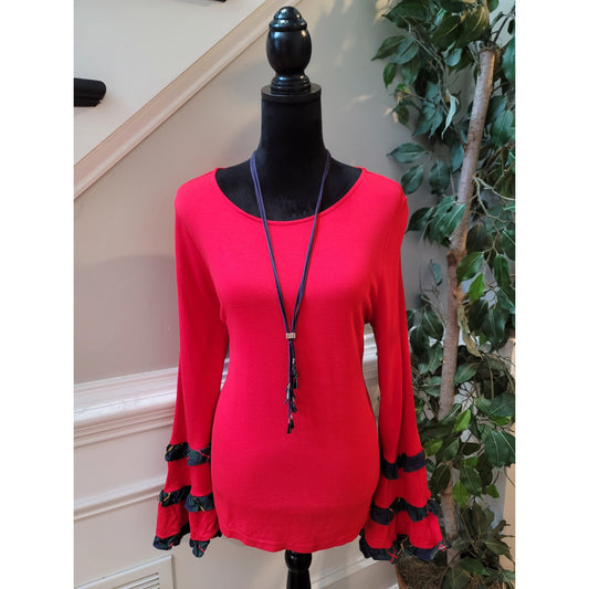 Crown and Ivy Top Women's Large Red Long Sleeve Ruffle Bell Sleeve Blouse
