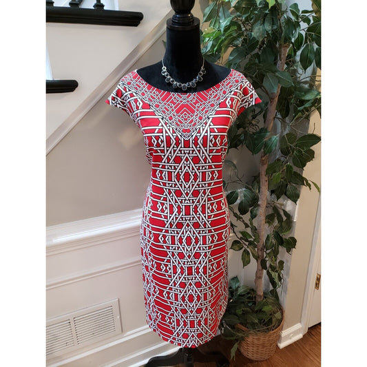 Ile New York Womens Red White Geo Print Round Neck Knee Length Sheath Dress 18