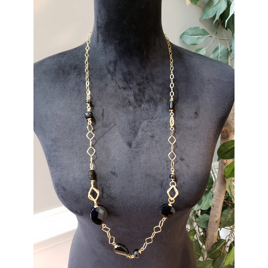 Women's Elegant Gold Chain Necklace with Black Beads Lobster Clasp Jewelry