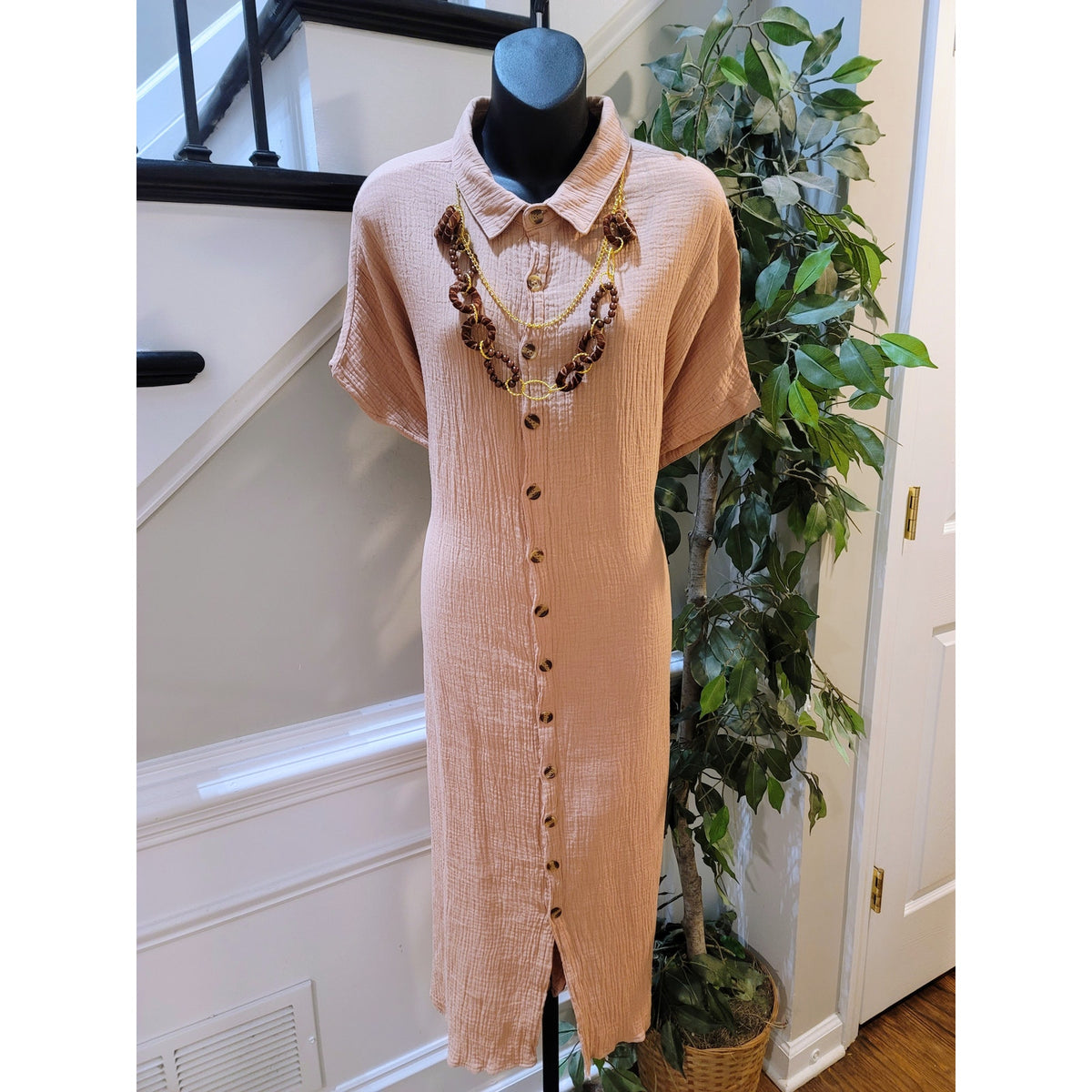 Shirt Dress Women's Size 2X-Large Coral 100% Polyester Collared Short Sleeves
