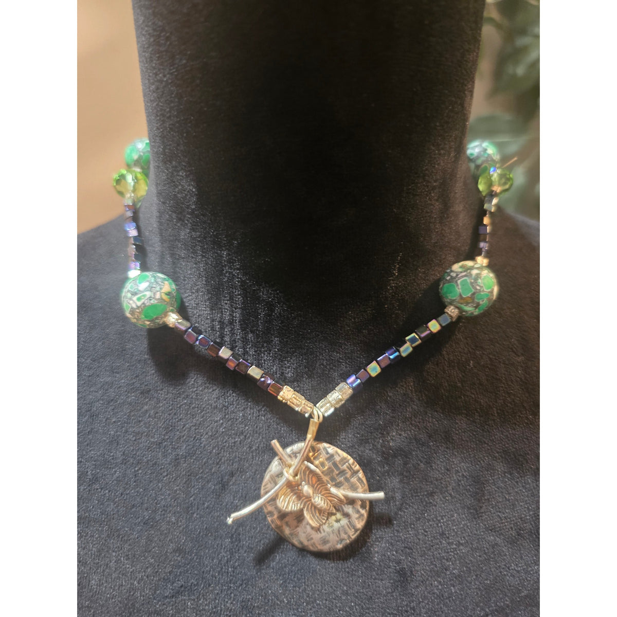 Women's Green Beaded Necklace With Silver Butterfly Pendant And Toggle Clasp