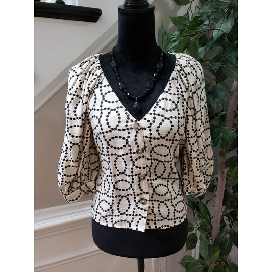 H&M Women's Black & White Viscose V-Neck 3/4 Sleeve Button Down Shirt Size XXS