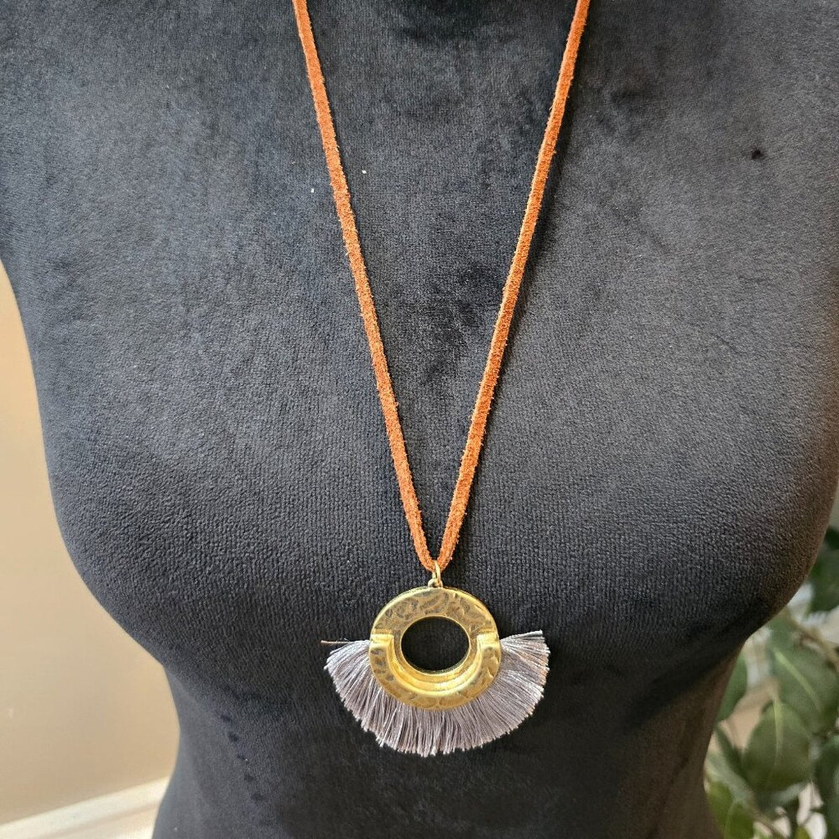 Womens Gold Tone Brass Circle Ethnic Tassel Necklace Jewelry with Lobster Clasp