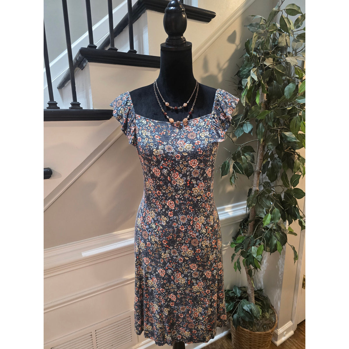 Loft Shift Dress Women's Medium Multicolor Floral Square Neck Flutter Sleeves