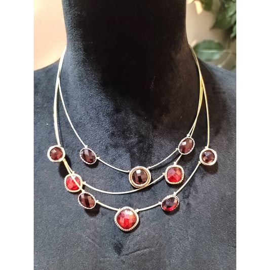 Women's Necklace Red Garnet Gemstone Multi-Chain 3-Strand Adjustable Clasp