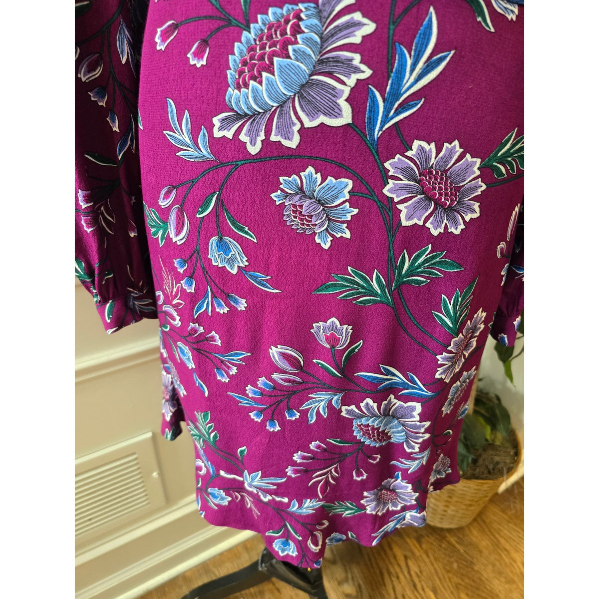 Loft Fit & Flare Dress 8 Plum Purple Floral Puff Shoulder Back Zip Casual Party