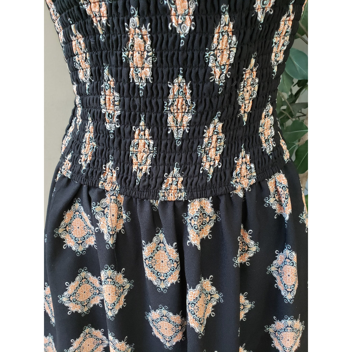 Womens A Line Dress Black Printed Smocked Sleeveless Spaghetti Straps Pleated S