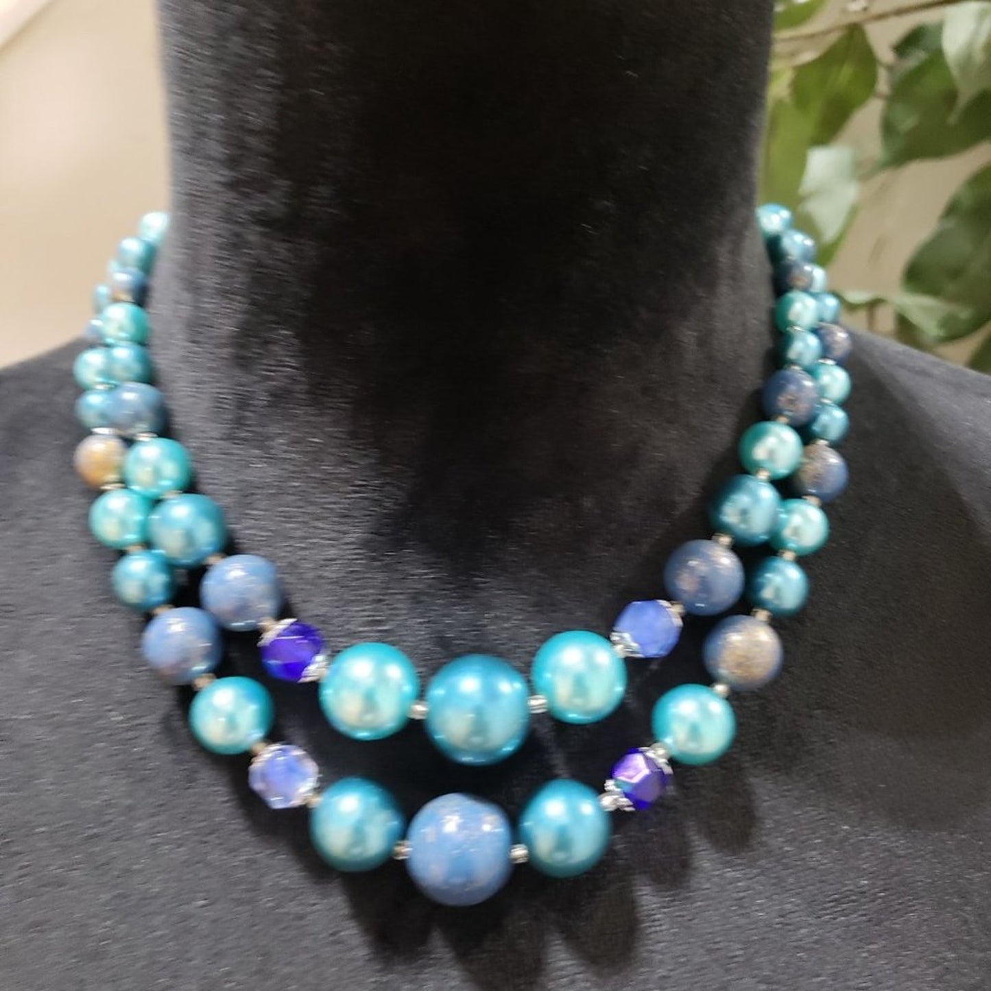 Womens Fashion Double Strand Pearl Rhinestones Beaded Necklace with Hook Clasp