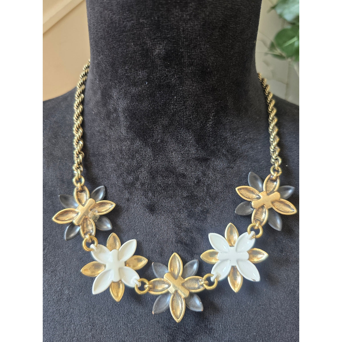 Gold Tone Ivory Floral Rhinestone Statement Necklace