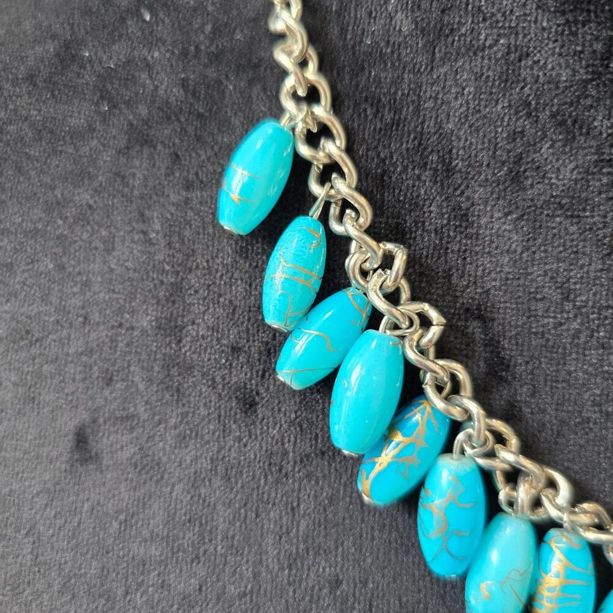 Womens Fashion Turquoise Oval Drops Shape Silver Tone Collar Necklace w/ Lobster