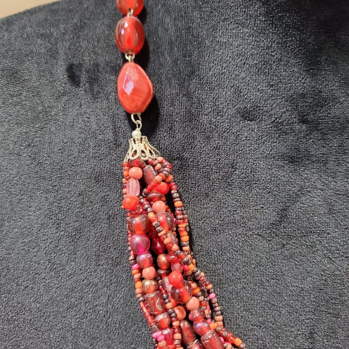 Womens Fashion Red Tibetan Glass Bead Multi-Strand Collar Necklace Lobster Clasp